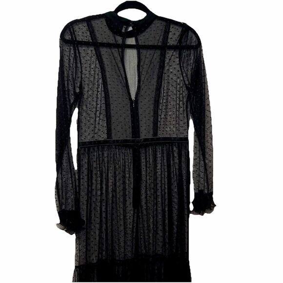 Sheer Maxi Dress Size S Goth Romantic Gown Club Witchy Sexy Ruffle Cuffs Mesh - Picture 4 of 9